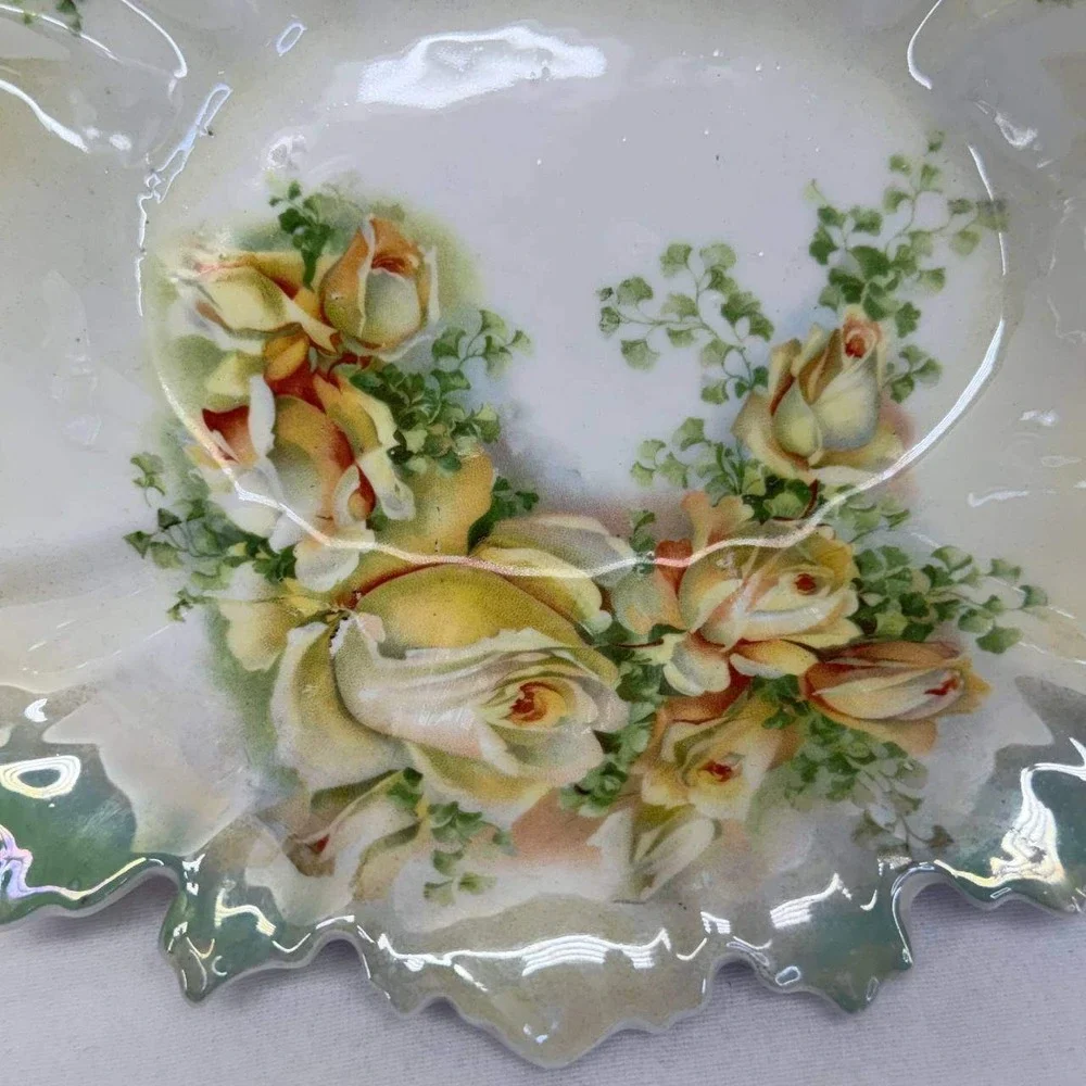 Vintage Germany Porcelain Scalloped Oval Bowl Yellow Roses Lusterware 12 Inch